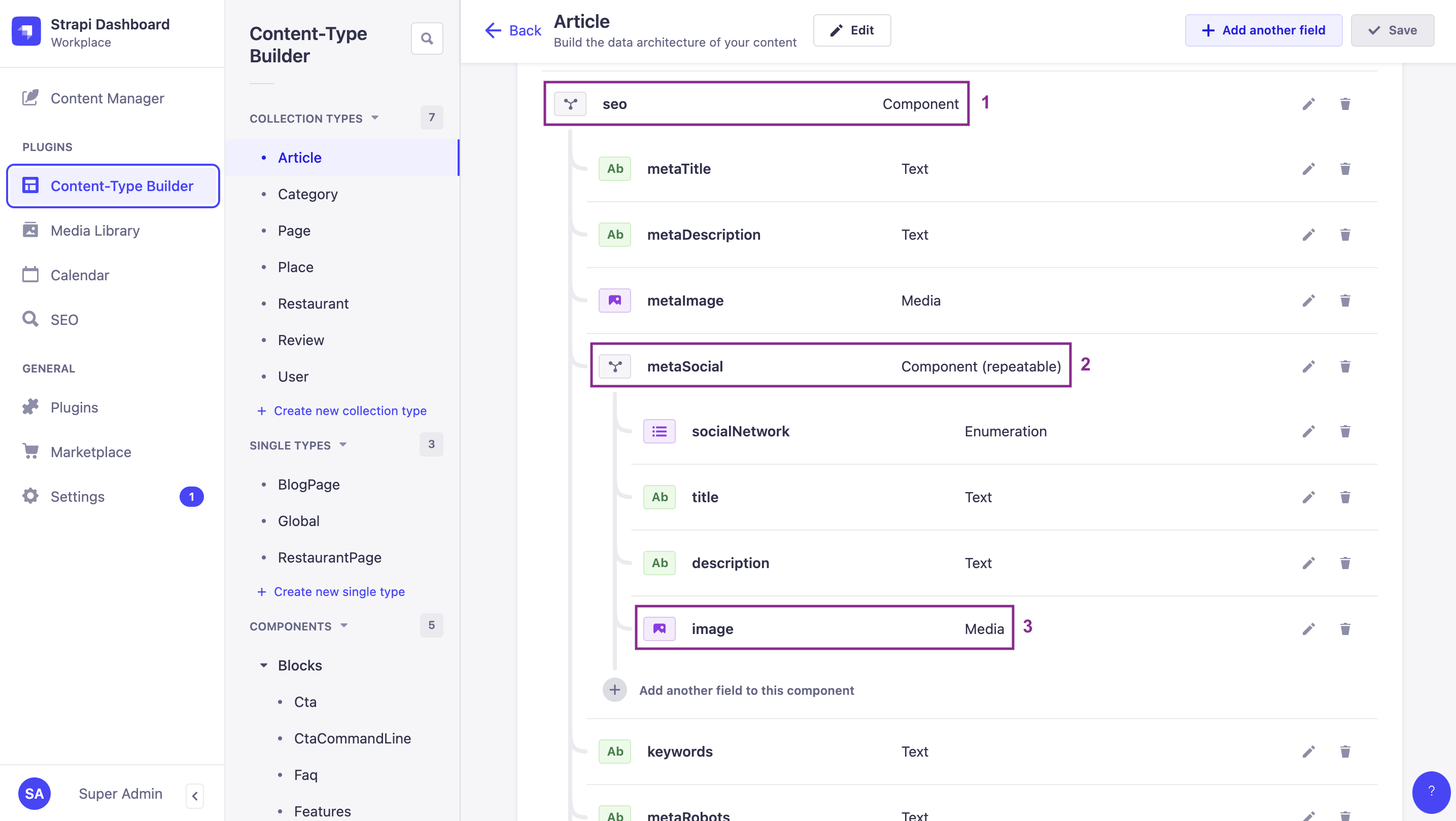 FoodAdvisor&#39;s SEO component structure in the Content-Type Builder