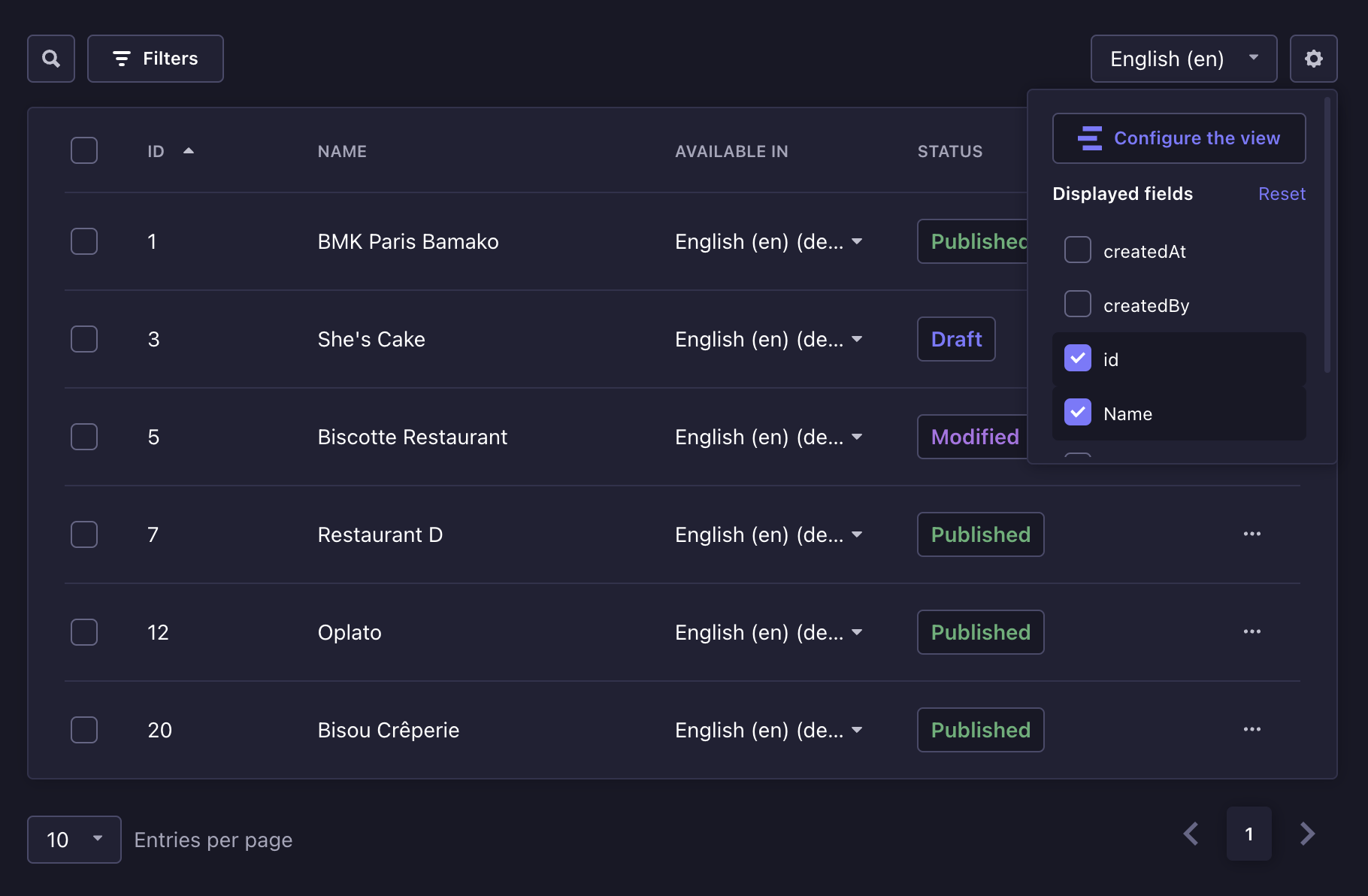 Displayed fields in the settings of a list view in the Content Manager